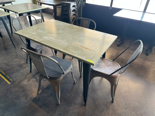 48" X 30" COMPOSITE TOP PATIO TABLE W/ (4) METAL STACK CHAIRS.