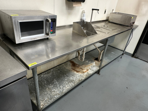 10' X 20" BEVERAGE STATION TABLE W/ HAND SINK, WATER DISPENSER, AND ICE KEEPER.,