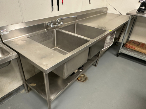 9' TWO WELL WALL STAINLESS PREP SINK W/ RIGHT SIDE PREP AREA.