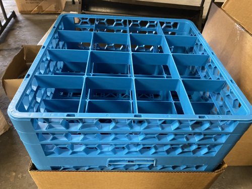 (3) 16 GROUP PLASTIC GLASS RACKS ( NEW )