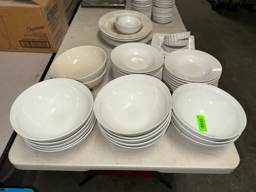 (1) LOT OF ASSORTED PLASTIC AND GLASS PLATES AND BOWLS.