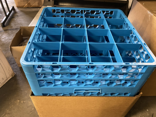 (3) 16 GROUP PLASTIC GLASS RACKS ( NEW )