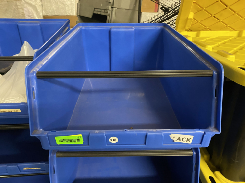 (4) LARGE BLUE PLASTIC STACKING BINS