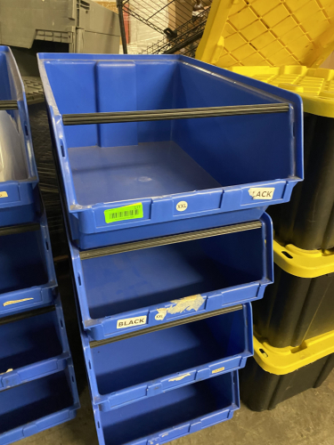 (4) LARGE BLUE PLASTIC STACKING BINS