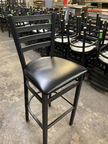 (2) 30" METAL LADDER BACK CHAIRS W/ BLACK CUSHION SEATS.