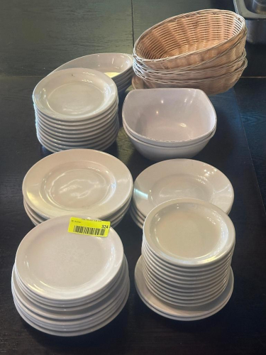 (1) LARGE LOT OF ASSORTED CHINA AND PLASTIC PLATES AND BOWLS