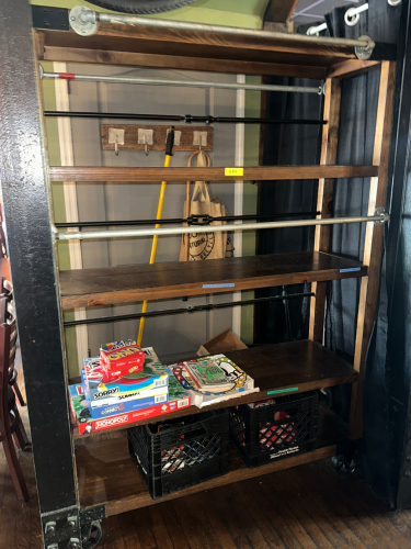 48" X 18" FIVE TIER WOODEN BOOKCASE SHELF.