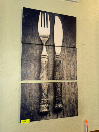 (3) CANVAS PANEL KNIFE AND FORK SET.