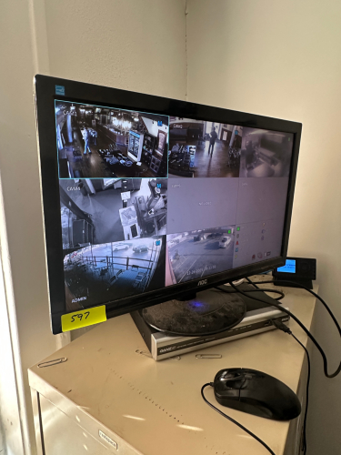 SIX CAMERA DIGITAL VIDEO RECORDER W/ MONITOR AND CAMERAS.