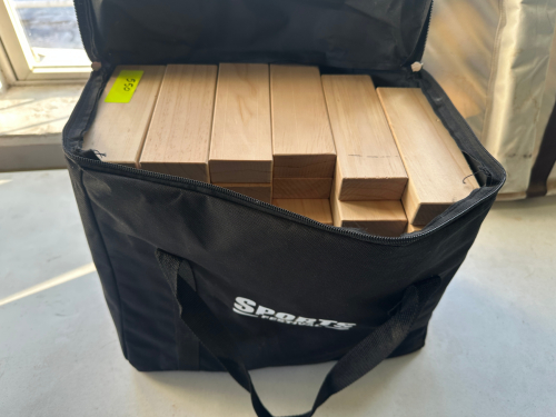 LARGE BLOCK JENGA GAMES SET W/ BLACK CANVAS CARRY CASE.
