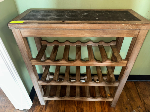 30" WOODEN BOTTLE RACK ACCENT TABLE.