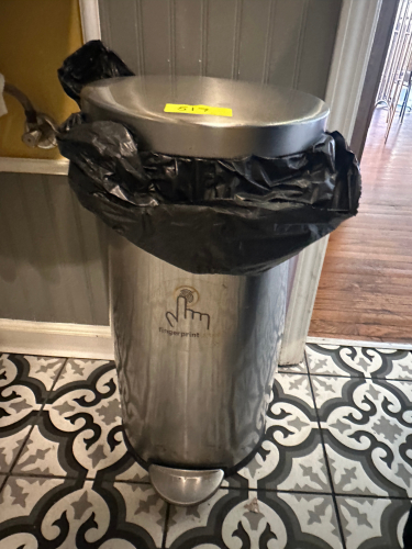 (2) STAINLESS PEDAL OPEN BATHROOM TRASH CANS.