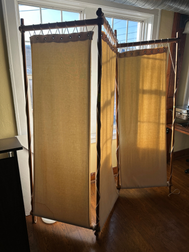 THREE PANEL CANVAS AND WOODEN FOLDING PARTITION.