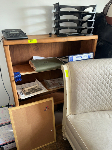 48" WOODEN BOOK SHELF W/ CONTENTS - OFFICE SUPPLIES.