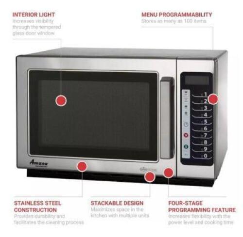 DESCRIPTION: (1) COMMERCIAL MICROWAVE BRAND/MODEL: AMANA #RCS10TS INFORMATION: STAINLESS HAS SOME DAMAGE MUST COME INSPECT RETAIL$: $567.00 SIZE: 22 i