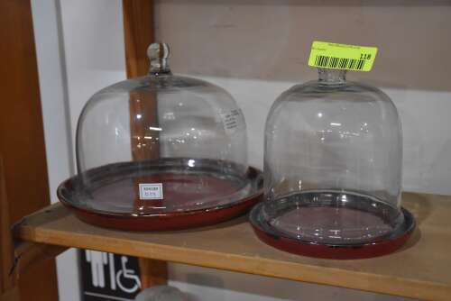 (2) - CAKE PLATERS WITH GLASS COVERS