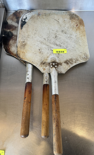 (3) SHORT HANDLE STAINLESS PIZZA PADDLES.