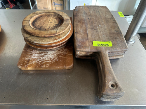 (8) ASSORTED WOODEN CHARGERS AND CHEESE BOARDS.