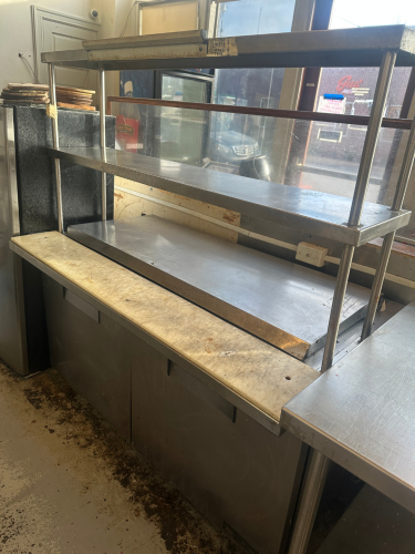 TRUE 60" MEGA TOP PIZZA PREP TABLE W/ TWO GROUP STAINLESS RISER SHELF.