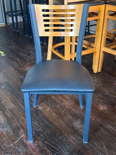 (4) METAL CHAIRS W/ WOODEN BACKS.