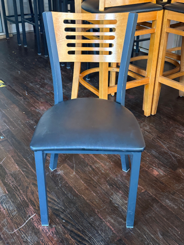 (4) METAL CHAIRS W/ WOODEN BACKS.