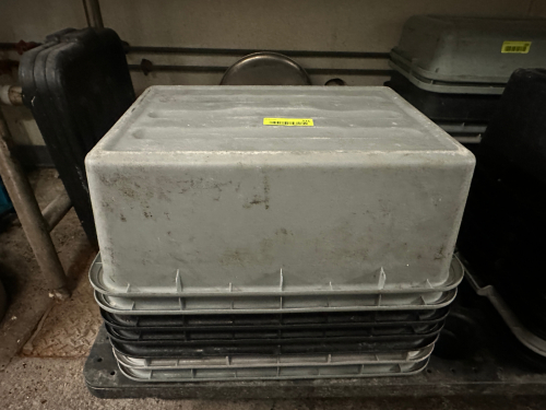 (7) PLASTIC BUS TUBS. GREY AND BLACK