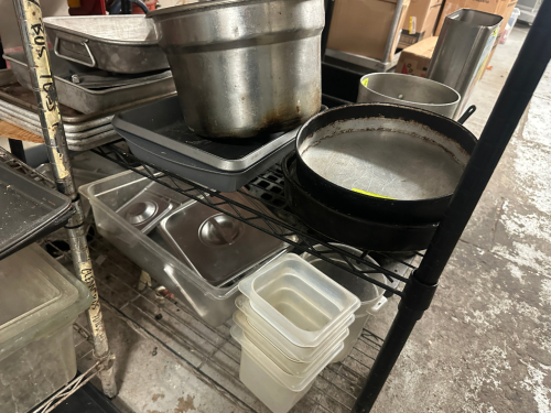 CONTENTS OF BOTTOM (2) SHELVES - ASSORTED PLASTIC AND STAINLESS INSERTS AND CONTAINERS.