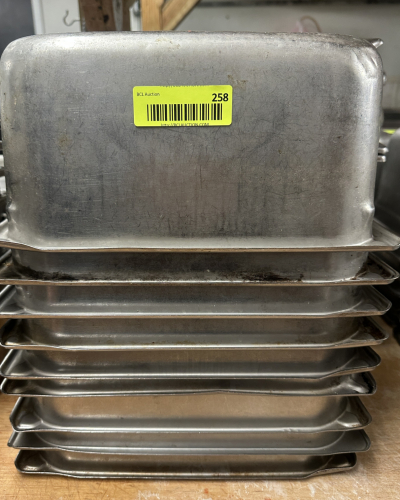 (6) 1/3 SIZE STAINLESS INSERTS. NO LIDS