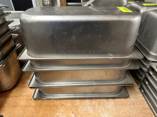 (6) 1/3 SIZE STAINLESS INSERTS. NO LIDS