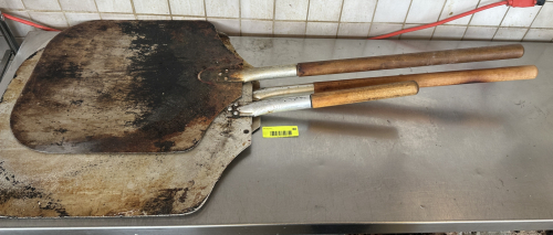 (3) SHORT HANDLE STAINLESS PIZZA PADDLES.