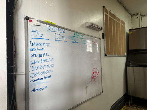 DRY ERASE BOARD AND CORK BOARD.