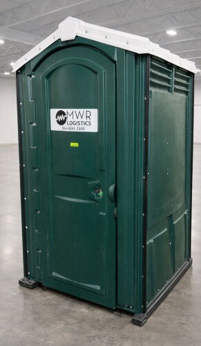 STANDARD PORTABLE RESTROOM / PORTA-POTTY WITH DURABLE MOLDED PLASTIC CONSTRUCTION DESIGNED FOR JOB SITES AND EVENTS. FEATURES INCLUDE VENTED ROOF, SECURE LOCKING DOOR, AND COMPACT FOOTPRINT FOR EASY PLACEMENT AND TRANSPORT. UNIT SHOWS NORMAL COSMETIC WEAR