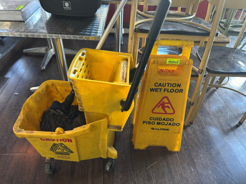 MOP BUCKET AND WRINGER W/ (3) WET FLOOR SIGNS
