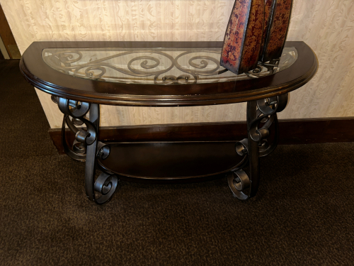 51" WOODEN SOFA / WALL ACCENT TABLE W/ GLASS INSERT TOP.