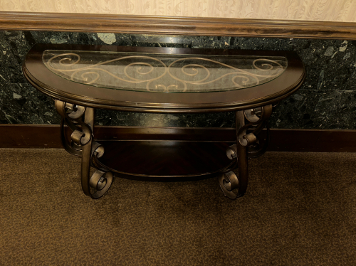 51" WOODEN SOFA / WALL ACCENT TABLE W/ GLASS INSERT TOP.