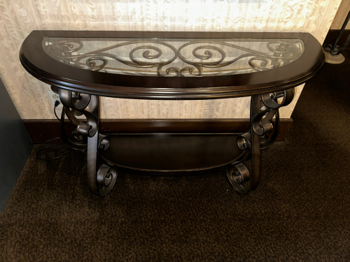 51" WOODEN SOFA / WALL ACCENT TABLE W/ GLASS INSERT TOP.