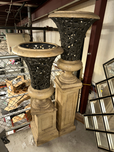 (2) METAL AND CERAMIC COLUMN AND VASE ACCENT PIECES.