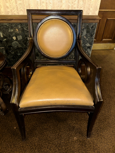 (6) FAIRFIELD WOODEN ARM CHAIRS W/ TAN LEATHER SEATS.