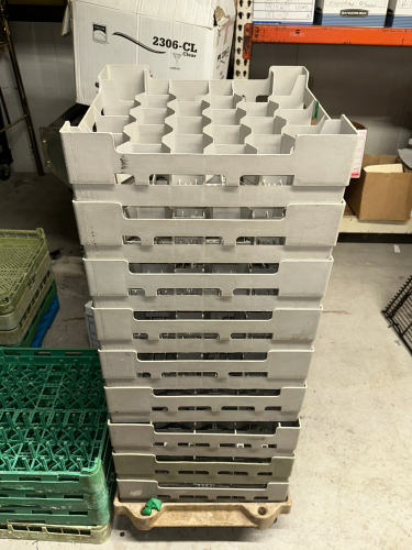 (9) 25 GROUP PLASTIC GLASS RACKS W/ DOLLY