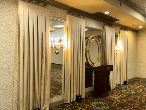 (4) 30" SECTIONS OF TAN WALL ACCENT DRAPES EACH W/ (4) MOUNTING POSTS.