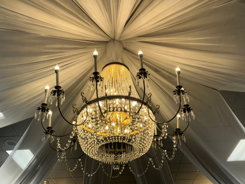 LARGE CRYSTAL CHANDELIER WITH STRANDS AND DROPLETS HANGING FROM EACH ARM. THE METAL FRAME IS GOLD-TONE