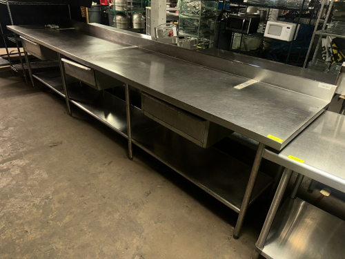 13' X 30" ALL STAINLESS TABLE W/ (3) DRAWERS AND 4" BACK SPLASH
