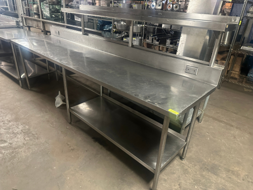 120" X 30" STAINLESS TABLE W/ 4" BACK SPLASH AND RISER SHELF