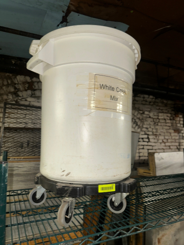 30 GALLON PLASTIC INGREDIENTS CAN W/ LID AND DOLLY