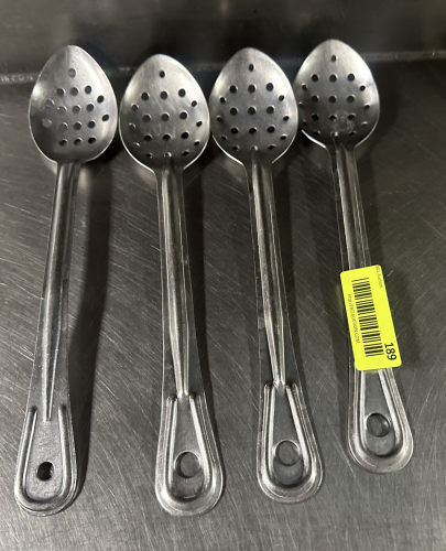 (4) SLOTTED STAINLESS SERVING SPOONS.
