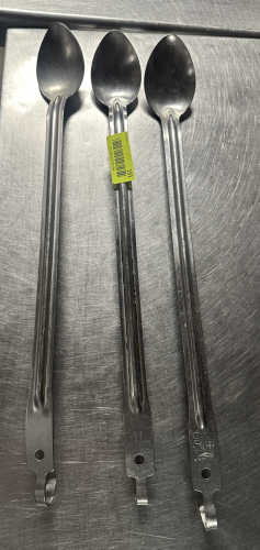 (3) LONG HANDLE STAINLESS SERVING SPOONS.