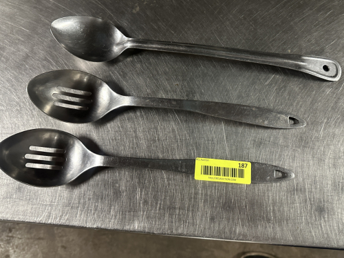 (3) SLOTTED STAINLESS SERVING SPOONS.