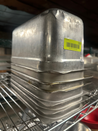 (6) 1/3 SIZE STAINLESS INSERTS. 6" DEEP