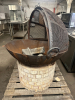 LARGE METAL OUTDOOR FIRE PIT WITH MESH SPARK SCREEN AND BRICK BASE. FEATURES HINGED MESH COVER WITH HANDLES