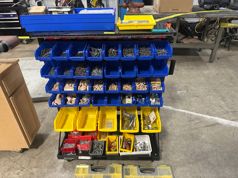 36 DOUBLE SIDED HARDWARE CART / RACK WITH CONTENTS.